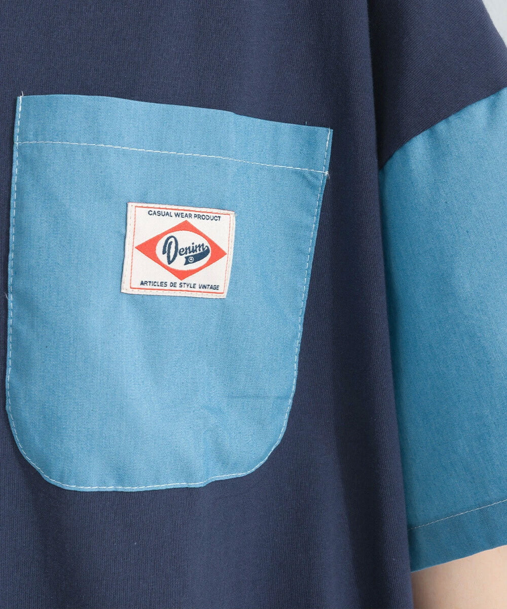 Japanese Style Stitching Denim Pocket Letters Profile T-shirt Designer Loose Casual Summer Patch