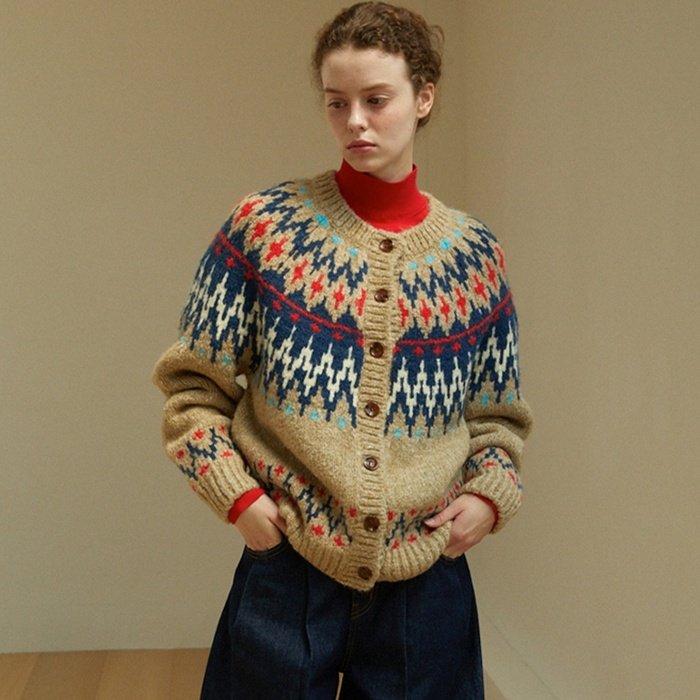 LINHOUSE French Retro Fair Isle Cardigan - Thick Wool Blend Sweater (Women)
