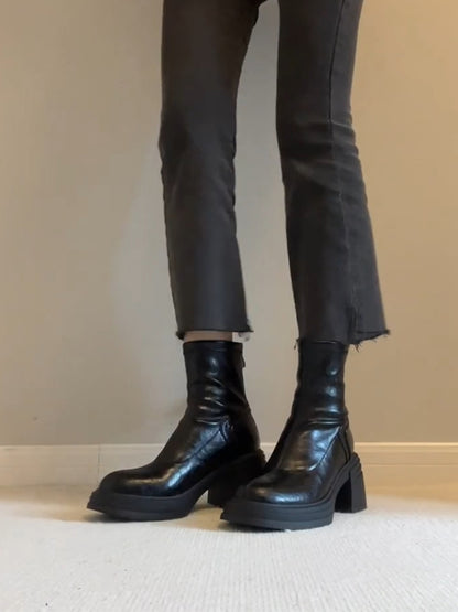 Women's Retro Genuine Leather Martin Boots - Brown Cowhide Thick-Soled Back-Zip Chunky Heel Boots