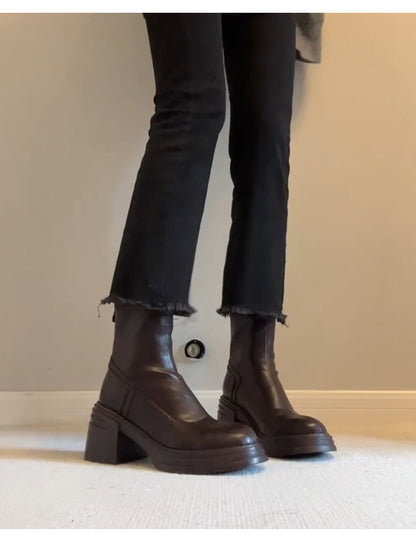 Women's Retro Genuine Leather Martin Boots - Brown Cowhide Thick-Soled Back-Zip Chunky Heel Boots