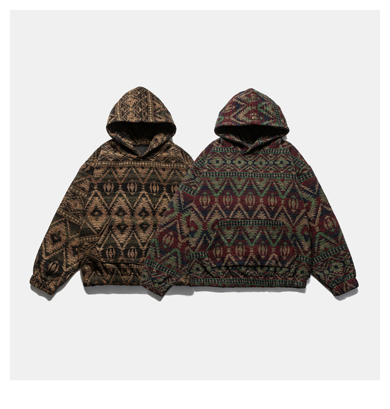 Retro Ethnic Color-Block Heavyweight Hoodie – National Trend Unisex Streetwear