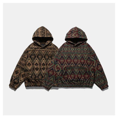 Retro Ethnic Color-Block Heavyweight Hoodie – National Trend Unisex Streetwear
