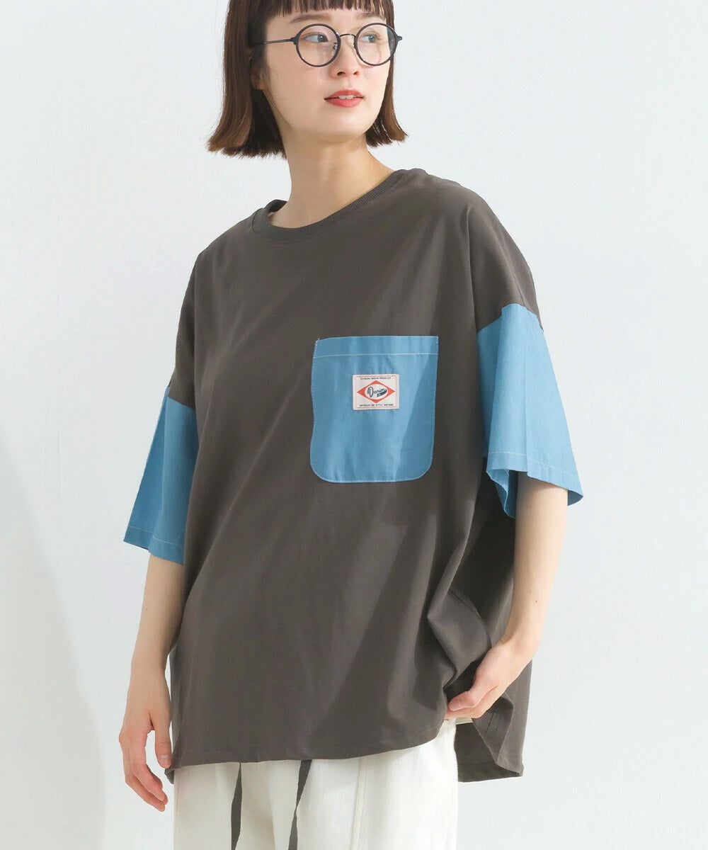 Japanese Style Stitching Denim Pocket Letters Profile T-shirt Designer Loose Casual Summer Patch