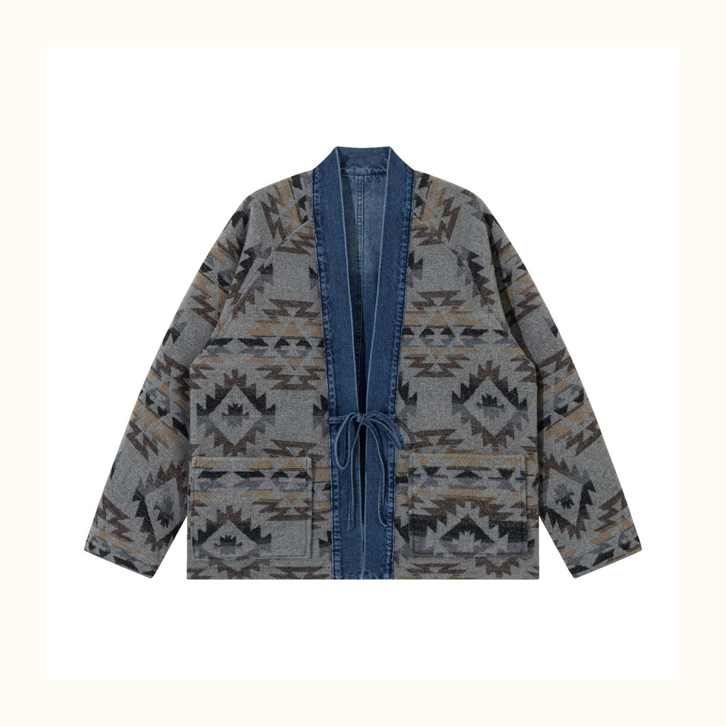 Reversible Ethnic Jacquard “Dao Robe” Denim Cardigan – Oversized Lace-Up Coat for Autumn