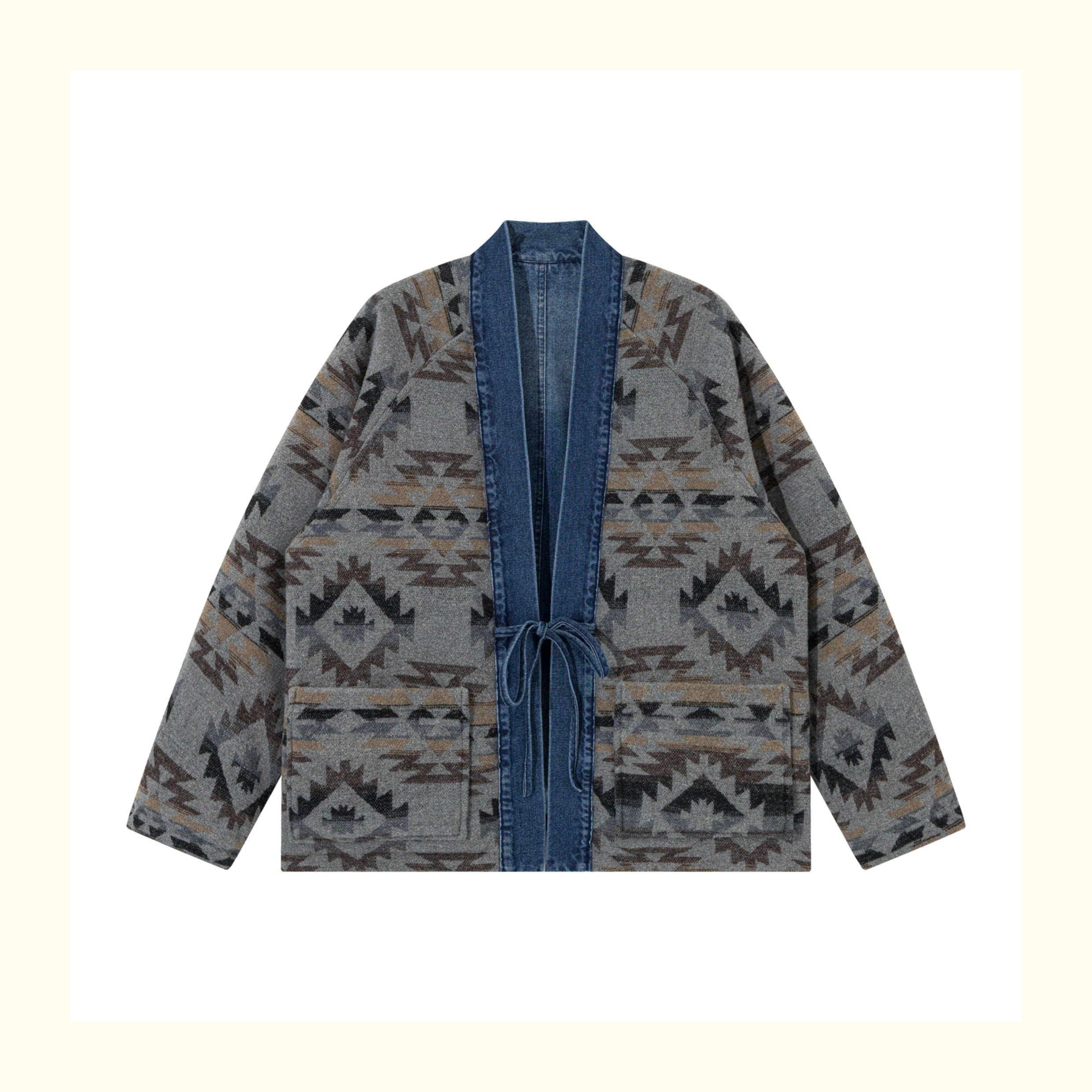 Reversible Ethnic Jacquard “Dao Robe” Denim Cardigan – Oversized Lace-Up Coat for Autumn