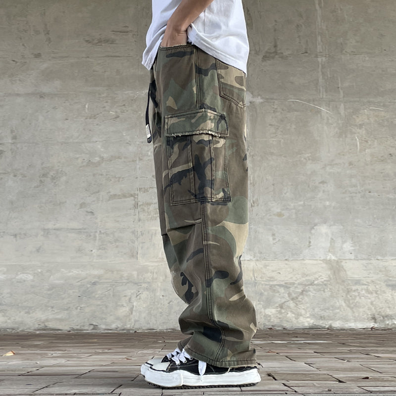 Men's American Street Retro Cargo Pants - Camouflage Heavy Washed Ripped Straight-Leg Pants