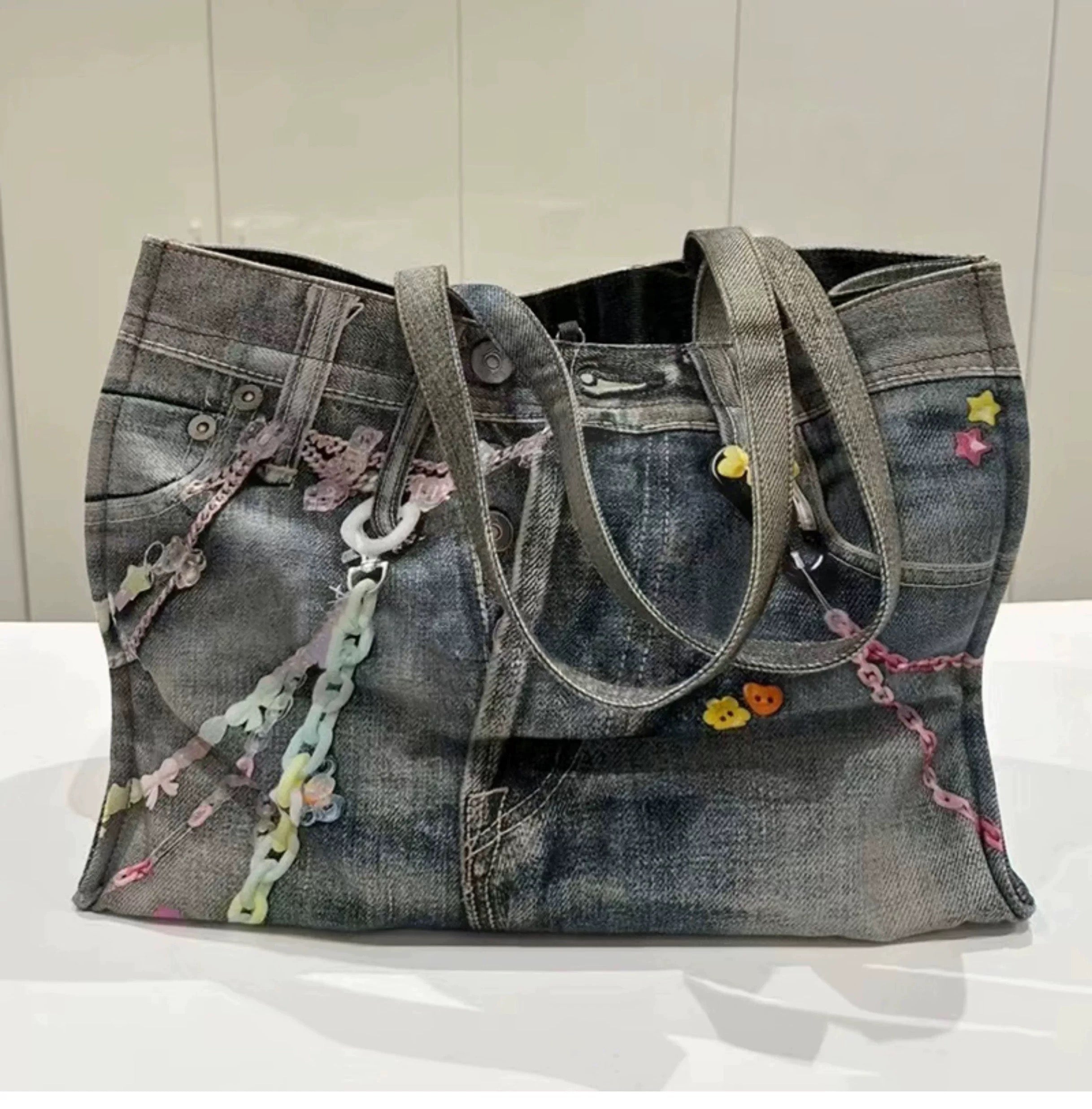 2025 Spring Summer New Vintage Denim Patchwork Color Block Handbag Shoulder Bag Large Capacity Tote Shopping Bag Women's Bag