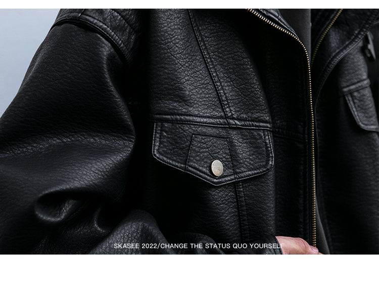 American Retro Lychee Grain Leather Jacket for Men, Spring and Autumn New Style, Cool Motorcycle Jacket, Short Workwear Stand Collar Jacket, Trendy