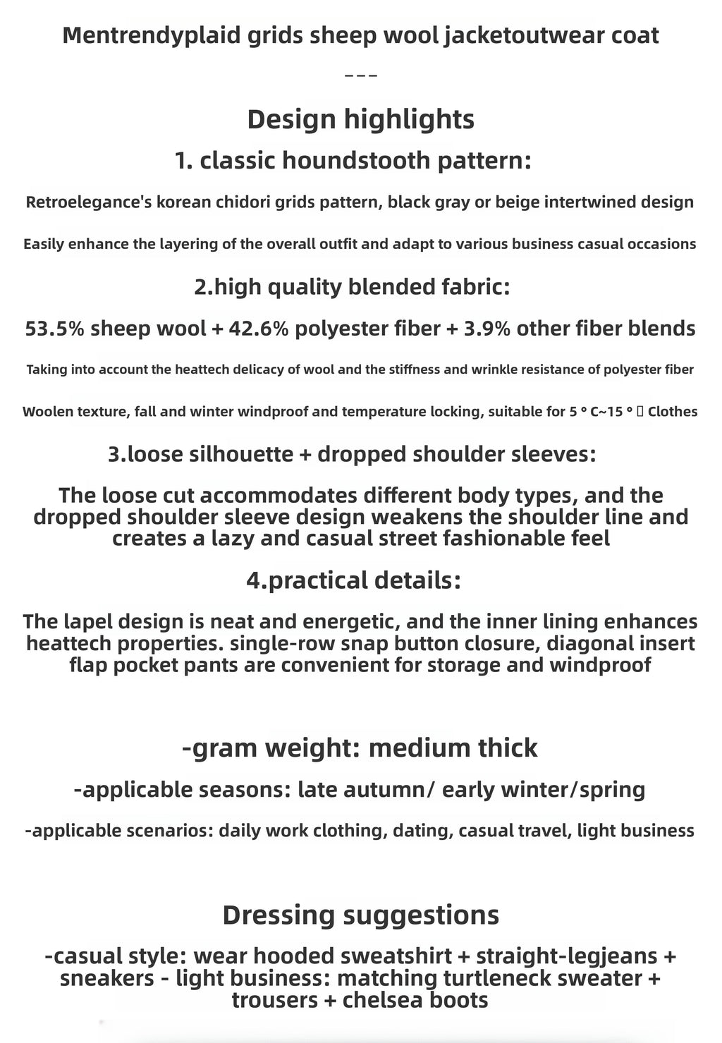 Heavyweight 53% Sheep Wool Houndstooth Lapel Coat – Korean-Style Casual Winter Staple