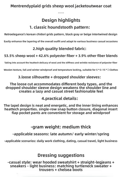 Heavyweight 53% Sheep Wool Houndstooth Lapel Coat – Korean-Style Casual Winter Staple