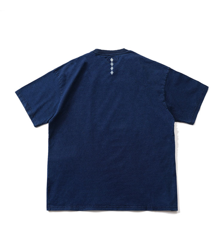 Japanese Retro Indigo Batik Craft Ethnic Style Patchwork Heavy Cotton Loose Fit Oversized T-Shirt for Men Summer Tee