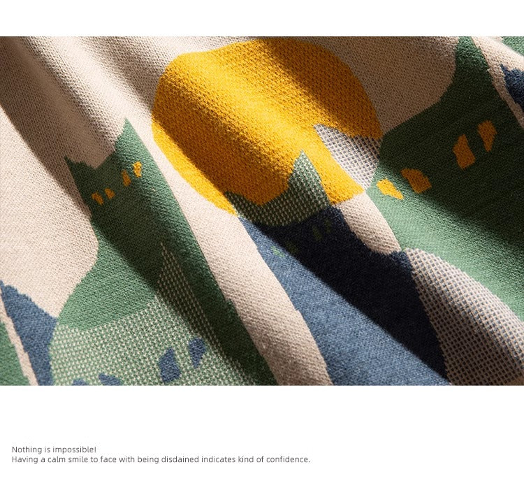 Cat Jacquard Loose Knit Sweater – American Style High-End Feel (Unisex)