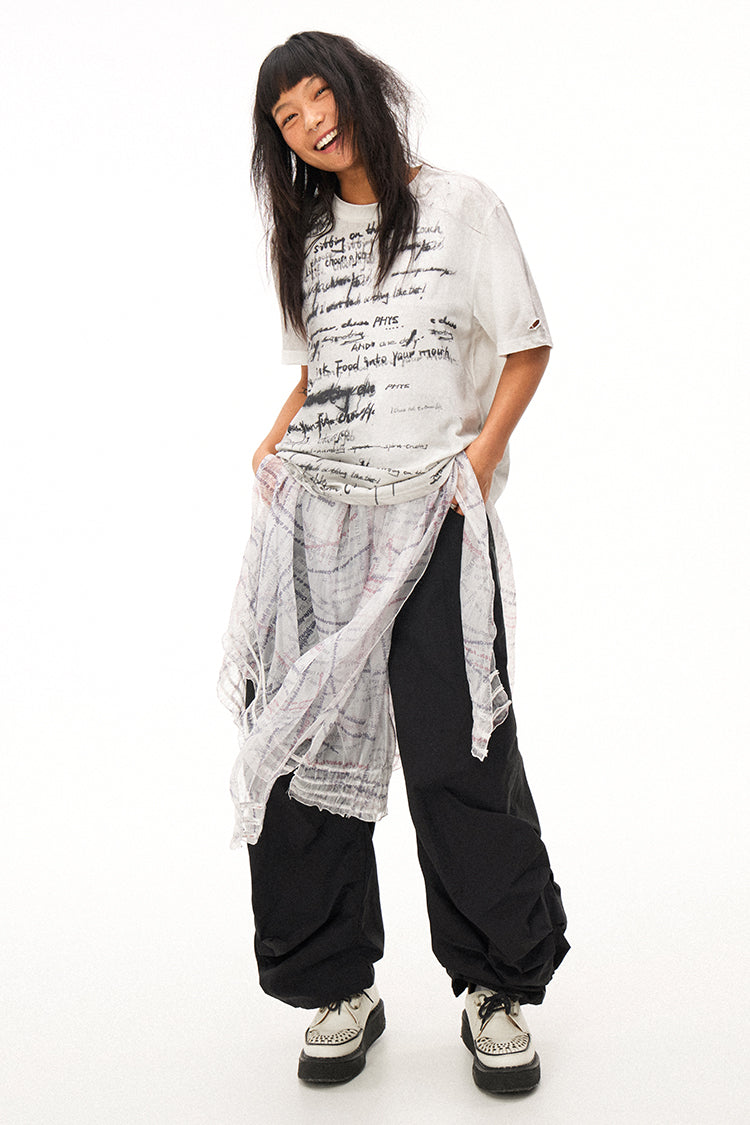 Handwritten Print Soft Skin-friendly Distressed Loose Short Sleeve T-shirt