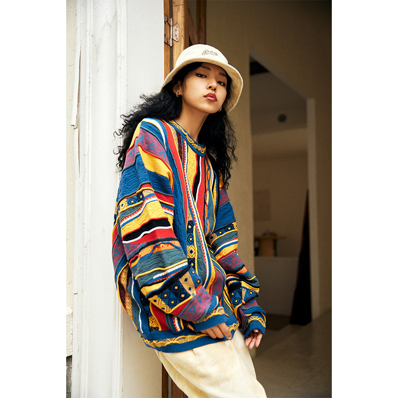 Medria American Style Retro Sweater - Guochao Hidden Color Bitter Melon Stripe Pullover