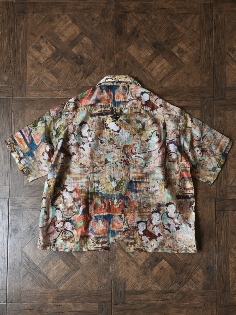 Vintage Loose Print Cuban Collar Shirt Linen Hawaiian Short Sleeve Shirt Dunhuang Summer Trend Brand