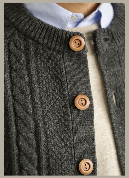 Traditional Aran Fisherman Sweater – Jacquard Knit Crewneck Cardigan (Unisex)