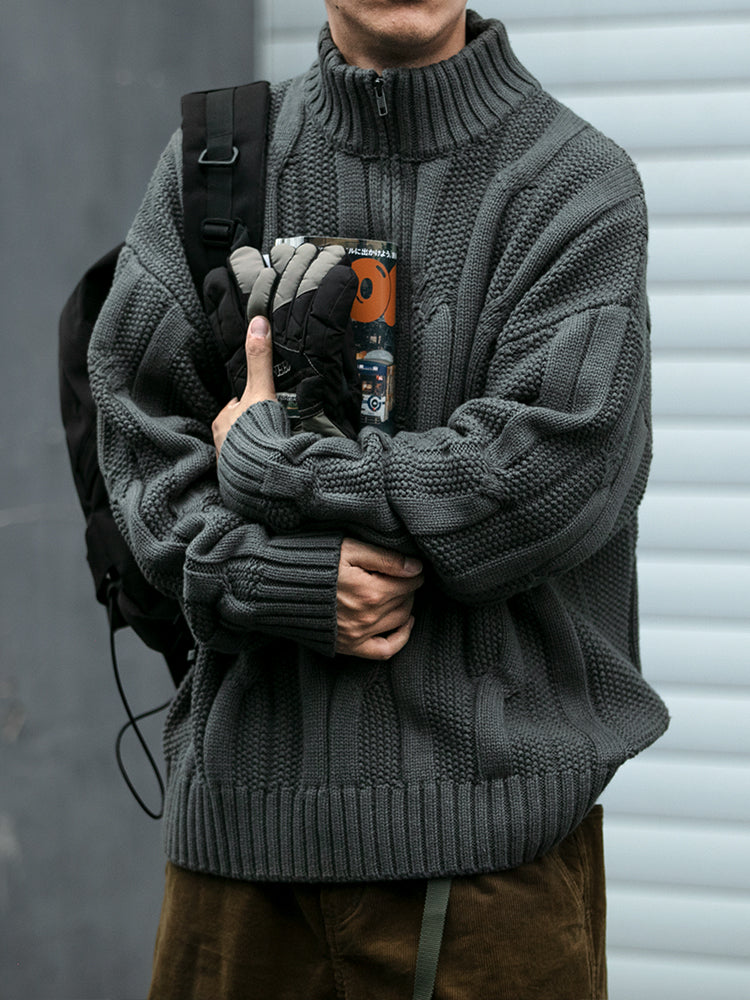 Winter Heavyweight High Grammage Non-Itchy Thick Cable Knit Stand Collar Pullover Sweater American Retro Half-Zip Thickened Coat