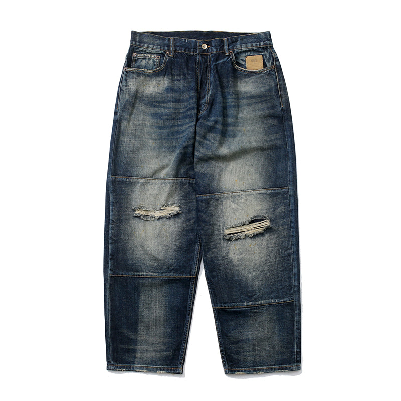 Workwear Washed Vintage Distressed Loose Straight Jeans