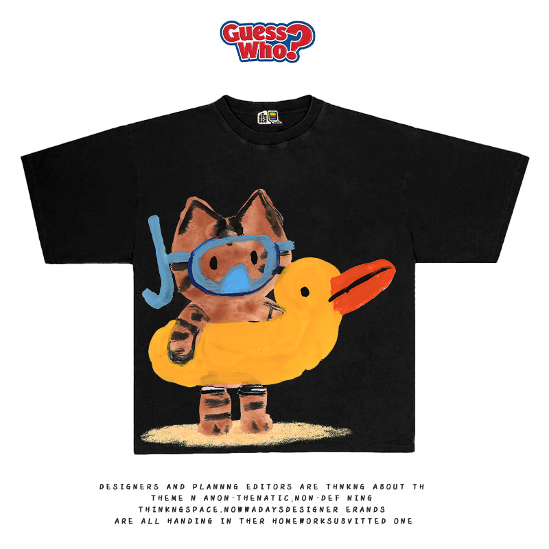 All Nature Hand-Painted Cat Illustration Tee – Fun Artist Graphic Short Sleeve