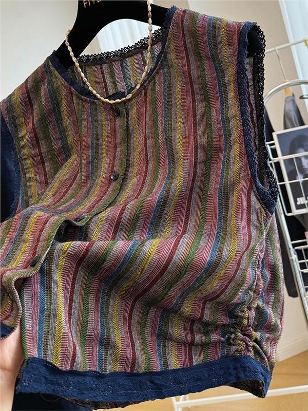 Plus-Size 150kg Color-Block Patchwork Vest – Ethnic Summer Statement Outerwear