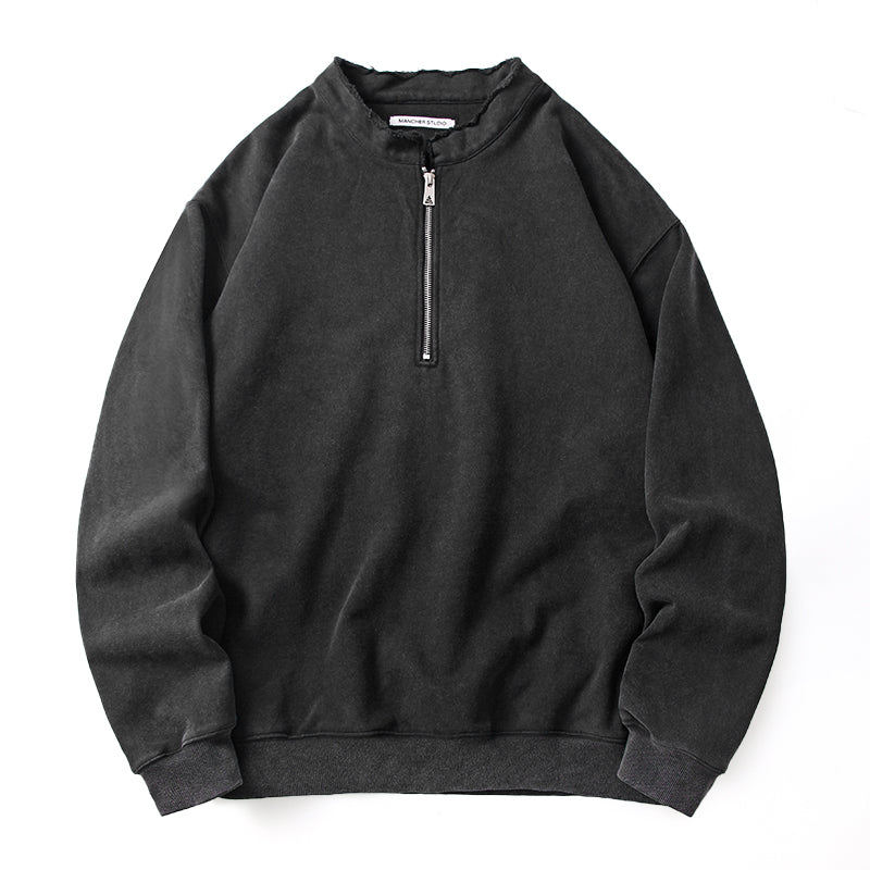 465G Snowflake Molle Diagonal Half-Zip Sweatshirt Men's Boxy Short Wide Washed Vintage Pullover Jacket Trendy