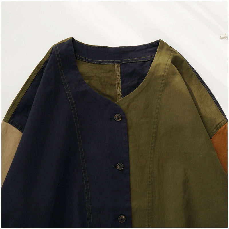 Color-Block Mid-Length Trench Coat – Japanese Retro V-Neck Single-Breasted Jacket