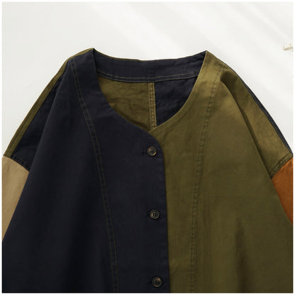 Color-Block Mid-Length Trench Coat – Japanese Retro V-Neck Single-Breasted Jacket
