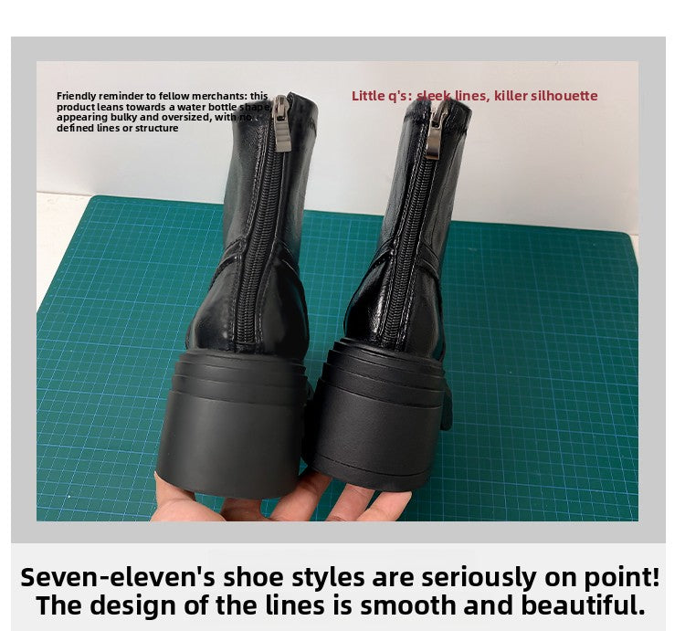 Women's Retro Genuine Leather Martin Boots - Brown Cowhide Thick-Soled Back-Zip Chunky Heel Boots