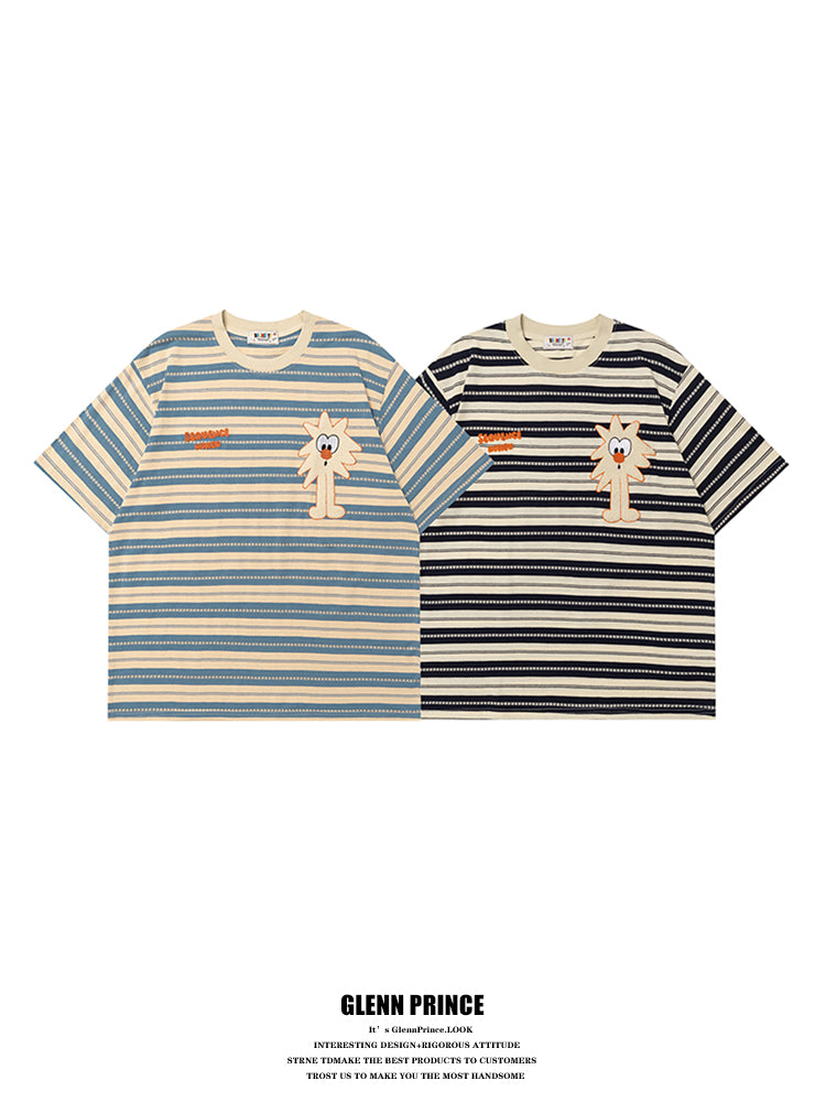 Japanese Style Casual Cartoon Color Block Striped Short Sleeve Men's T-Shirt Summer Oversize Lazy Half Sleeve Tee