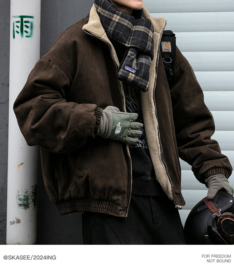 Japanese Retro Melad Stand Collar Lamb Wool Cotton Jacket for Men Winter Trendy Loose Couple Thickened Warm Cotton Coat Trendy