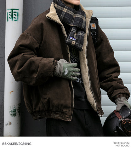 Men's Japanese Retro Lamb Wool Jacket - Thickened Stand Collar Couple Cotton Coat