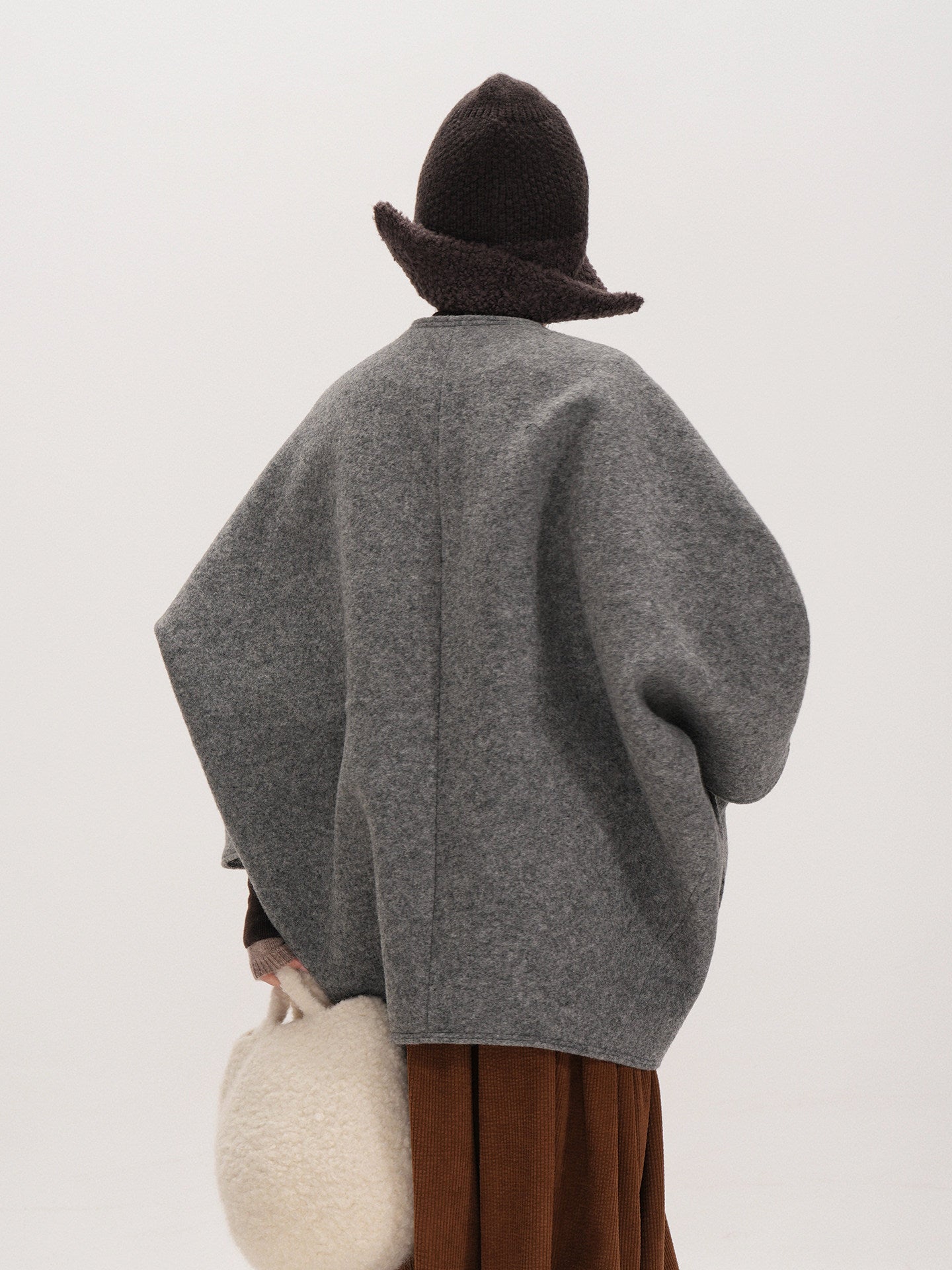 Smoke Gray Composite Wool Batwing Sleeve Cardigan - Irregular Button Coat (Women)