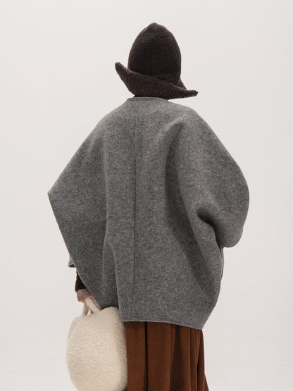 Smoke Gray Composite Wool Batwing Sleeve Cardigan - Irregular Button Coat (Women)