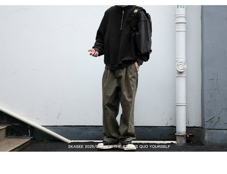 Unisex 465g Washed Vintage Sweatshirt - Boxy Half-Zip Snowflake Knit Pullover