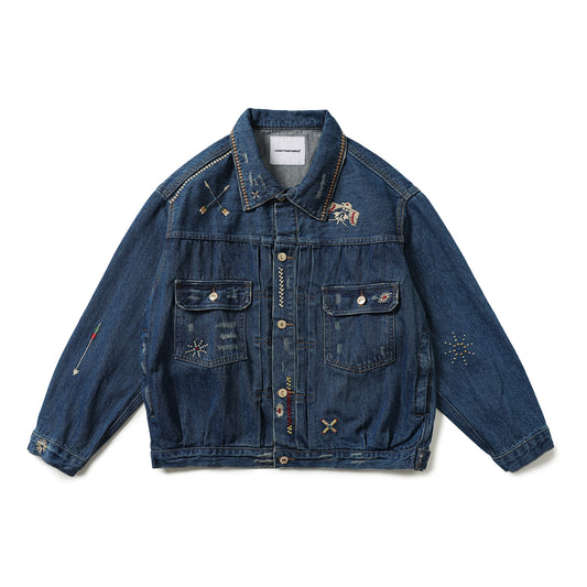 AMI Vintage Distressed Japanese-Style Denim Jacket – Heavy-Duty Embroidered Coat for Men
