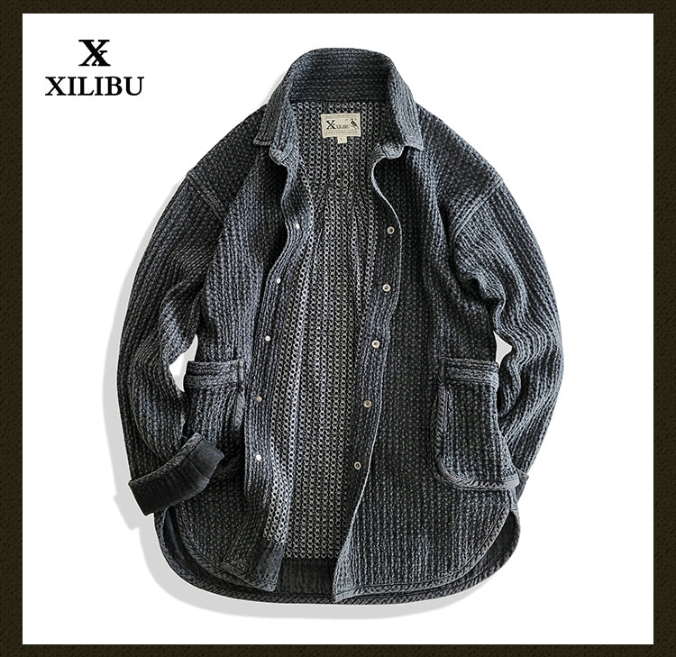 Washed Black Tie-Dye Oversized Shirt Jacket Loose Casual Khaki Vintage