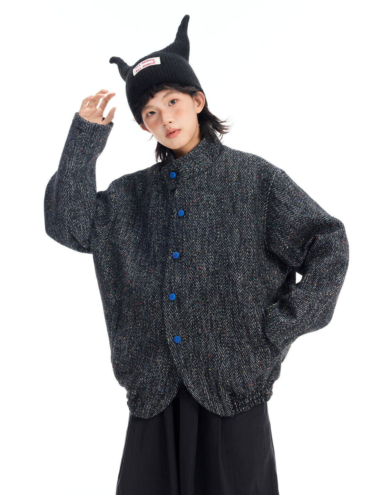 Japanese Retro Color-Block Herringbone Wool Coat - Curved Stand Collar (Women)