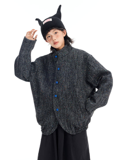 Japanese Retro Color-Block Herringbone Wool Coat - Curved Stand Collar (Women)