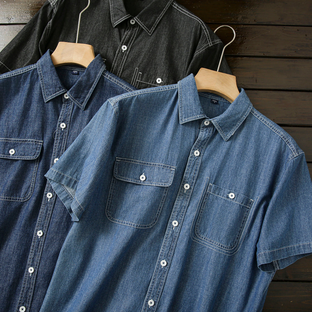 Pure Cotton Enzyme Wash! Export Surplus Men's Summer Turn-down Collar Denim Short Sleeve Shirt Top