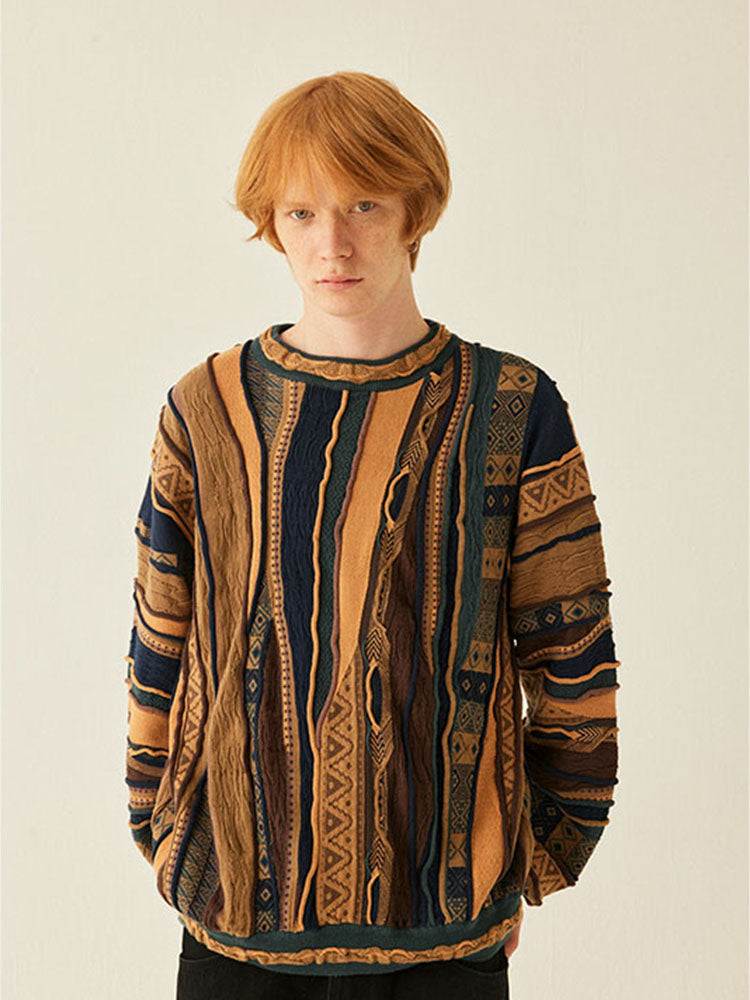 Medria Unisex Retro Bitter Melon Pattern Sweater - Niche Ethnic Vintage Pullover