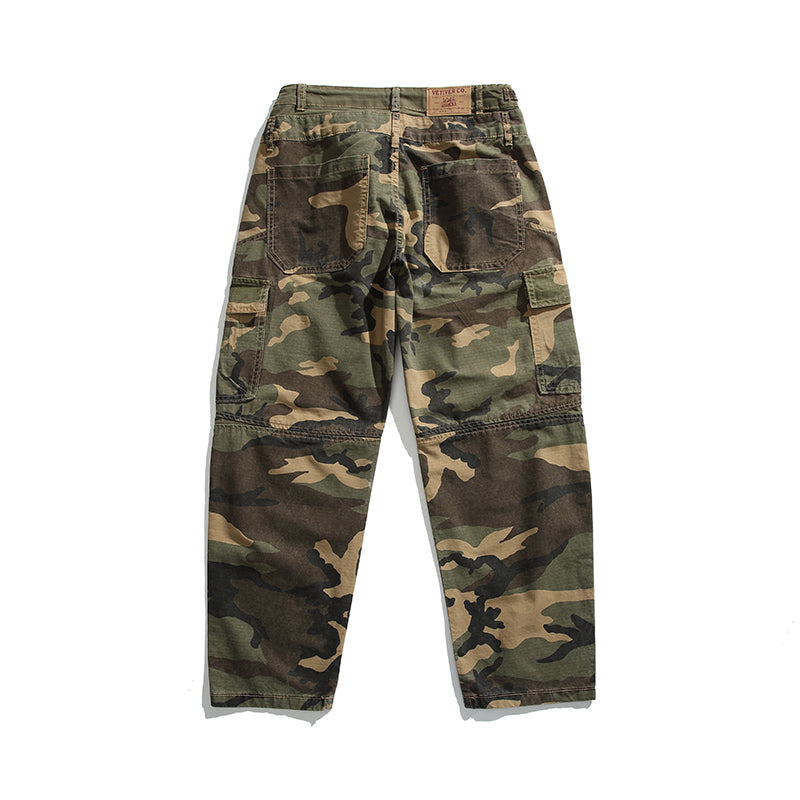 Men's American Street Retro Cargo Pants - Camouflage Heavy Washed Ripped Straight-Leg Pants