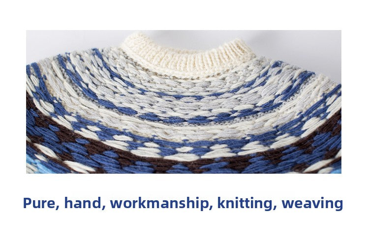 Hand-Knitted Icelandic Japanese Retro Unisex Sweater Couple Travel Fair Isle Cat Minimalist Style Pullover