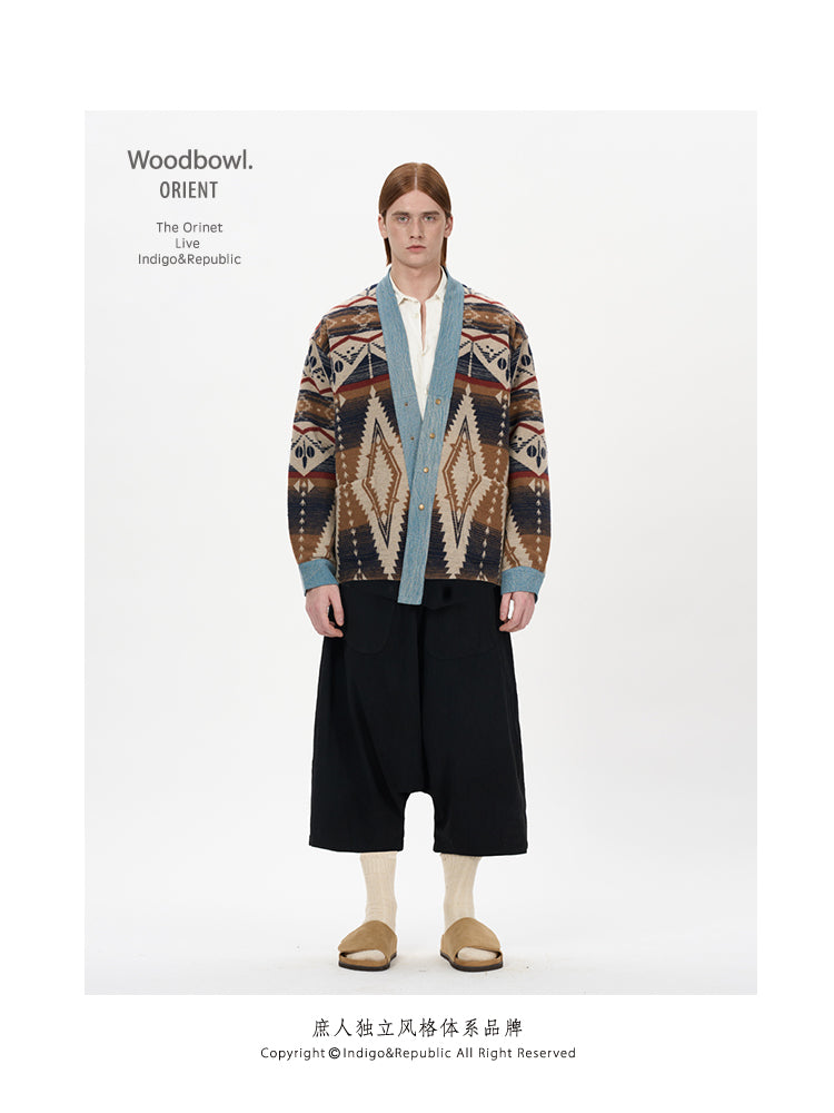 Woodbowl.2023aw Navajo/Woolen Jacket Wool Fabric Tie Ethnic Robe