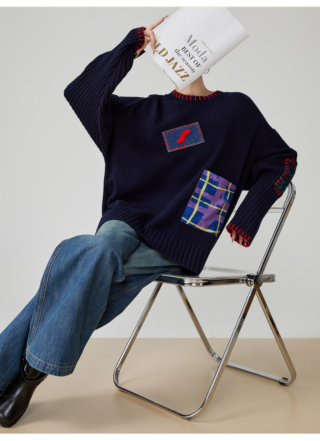 Color-Block Hand-Embroidered Patchwork Sweater – Japanese Niche Knit Top