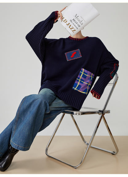 Color-Block Hand-Embroidered Patchwork Sweater – Japanese Niche Knit Top