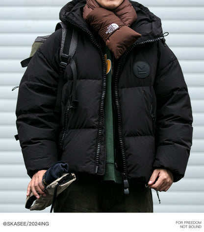 Men's Plaid Down Jacket - Detachable Wool Collar Thickened Warm Puff Coat
