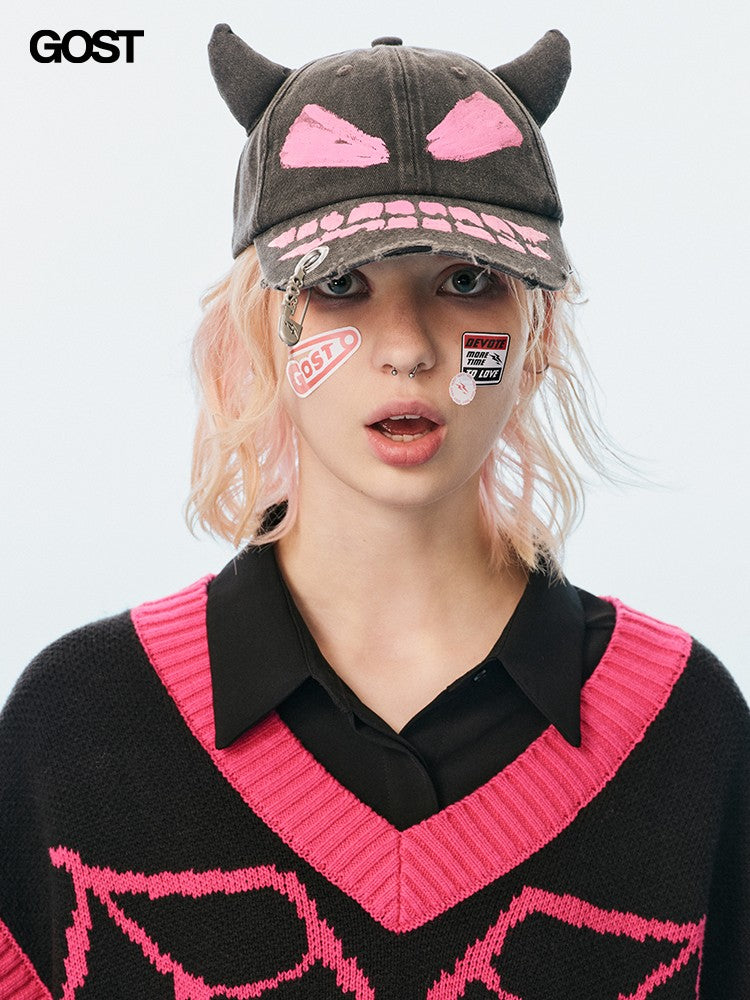 "Little Devil" Hand-painted Washed Distressed Embroidered Baseball Cap for Men and Women Spring Summer