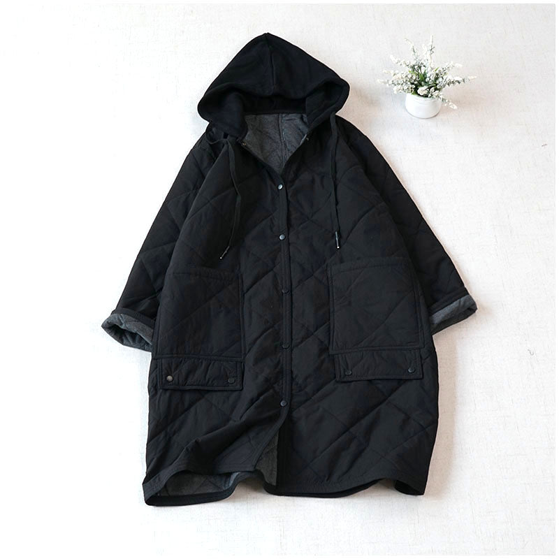 Warm Mid-Length Hooded Quilted Cotton Jacket – Loose, Retro Japanese Outerwear for Women