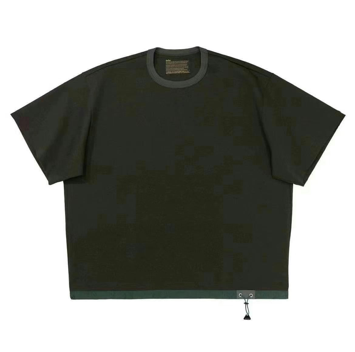 Three-Color Japanese Style Pure Cotton Patchwork Nylon Elastic Round Neck Short Sleeve T-Shirt