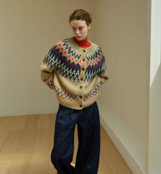 LINHOUSE French Retro Fair Isle Cardigan - Thick Wool Blend Sweater (Women)